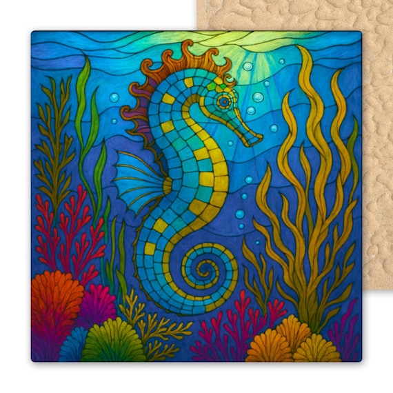 Colorful Seahorse Ceramic Mosaic Tile - Ocean Marine Art for Beach House Bathroom Decor