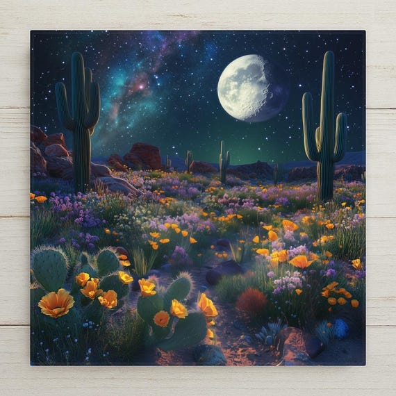 Moonlit Desert Ceramic Tile: Cactus Landscape with Wildflowers Under Starry Sky - Southwest Wall Art