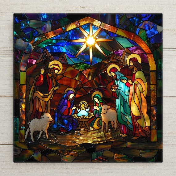 Stained Glass Nativity Scene Tile Art: Holy Family Christmas Wall Decor Religious Holiday Home Gift