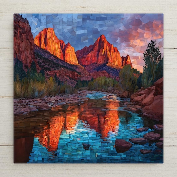 Zion National Park Ceramic Tile Wall Art – Watchman Peaks & Virgin River Reflection, Stained Glass Style Mountain Wall Decor