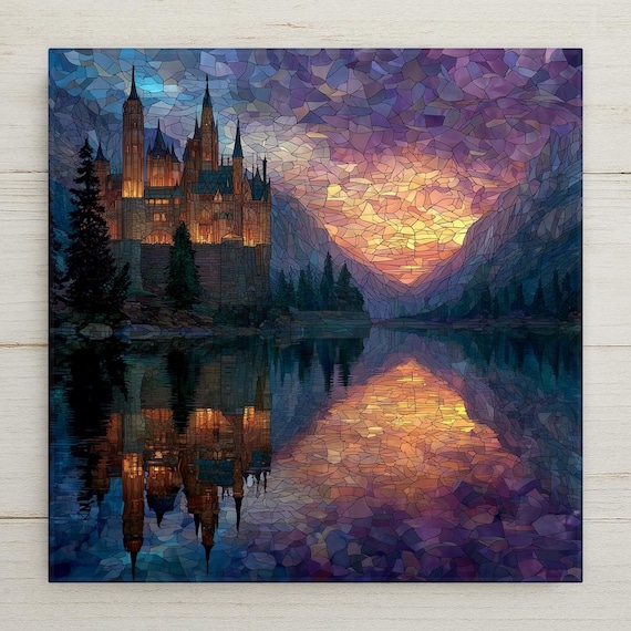 Neuschwanstein Castle Ceramic Tile Wall Art – Stained Glass Style Bavaria Landscape, Castle Wall Decor, Home Decor Gift