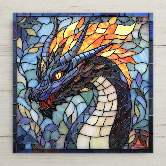 Gothic Stained Glass Dragon Ceramic Tile Art: Mythical Castlecore Decor for Fantasy Enthusiasts