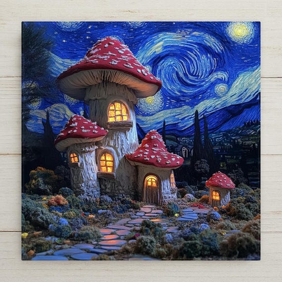 Mushroom Cottage Wall Art Ceramic Tile Cottagecore Gift Fairy House Decor Fantasy Home Gift Whimsical Tile