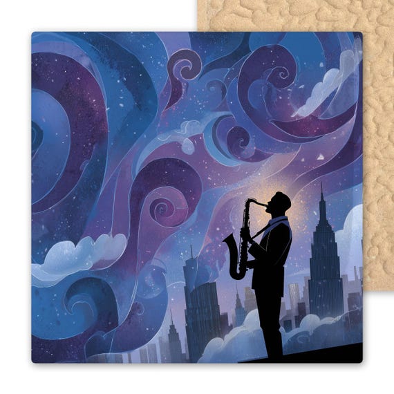 Jazz Saxophone Musician Wall Art Ceramic Tile Stained Glass Style Starry Night Cityscape Musical Decor Gift for Jazz Lovers Music Inspired