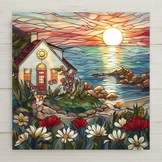 Coastal Cottage Sunset Ceramic Tile: Stained Glass Seascape Wall Art for Beach Home Decor