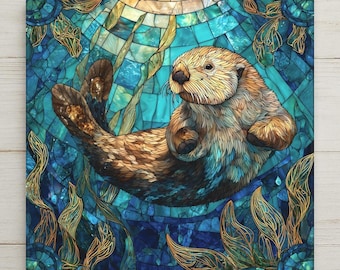 Sea Otter Wall Art  Ceramic Tile – Stained Glass Style Ocean Coastal Beach Home Decor