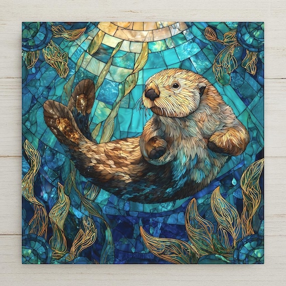 Sea Otter Wall Art  Ceramic Tile – Stained Glass Style Ocean Coastal Beach Home Decor