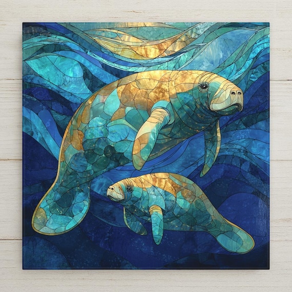 Manatee and Baby Ceramic Tile Wall Art – Stained Glass Style Ocean Home Decor, Coastal Wall Art, Meaningful Home Decor Gift