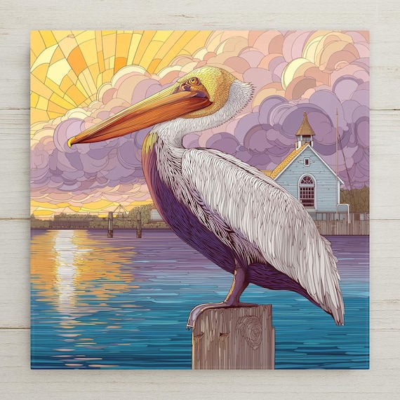 Coastal Pelican Ceramic Tile Wall Art – Stained Glass Style Nautical Home Decor, Seaside Wall Decor for Beach House, Ocean Sunset Art Tile