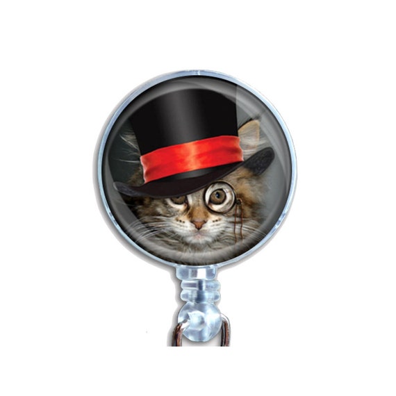 Badge Reel ID Retractable Lanyard Name Card Badge Holder Steampunk Cat With Black Hat With Red Band And Spectacle