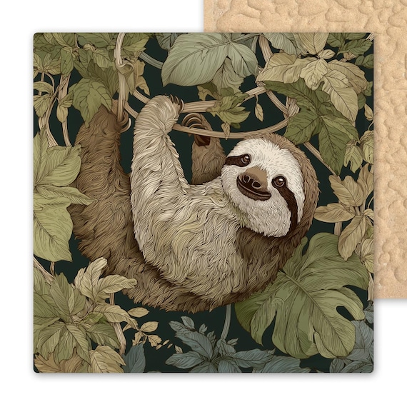 Sloth Ceramic Tile Art - Moss Green and Earth Brown Jungle Wall Decor - Whimsical Wildlife Tile for Nature Lovers and Slow Living Fans