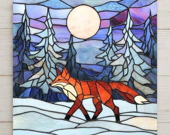 May include: A stained glass panel depicting a fox walking through a snowy landscape at night. The scene features a large pale moon, dark blue and purple evergreen trees, and a white foreground, all constructed with distinct glass segments.