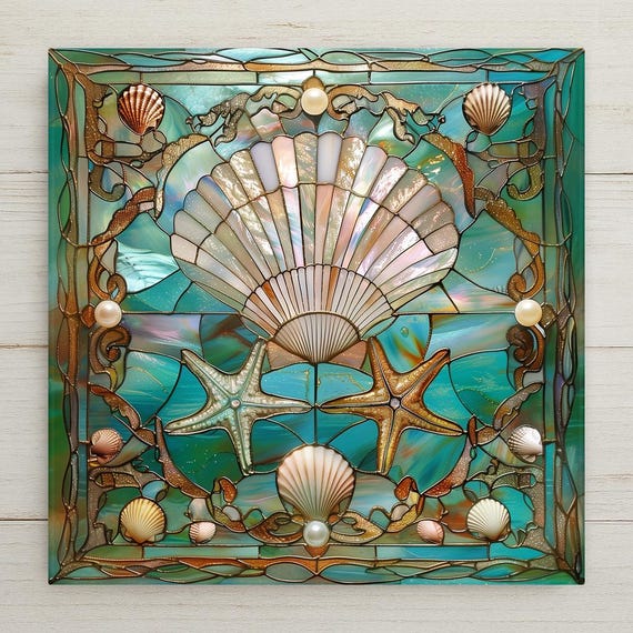 Coastal Ceramic Tile Art: Seashell & Starfish Stained Glass Style