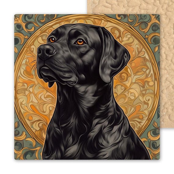 Art Nouveau Black Labrador Ceramic Tile - Mucha-Inspired Vintage Floral Dog Wall Decor