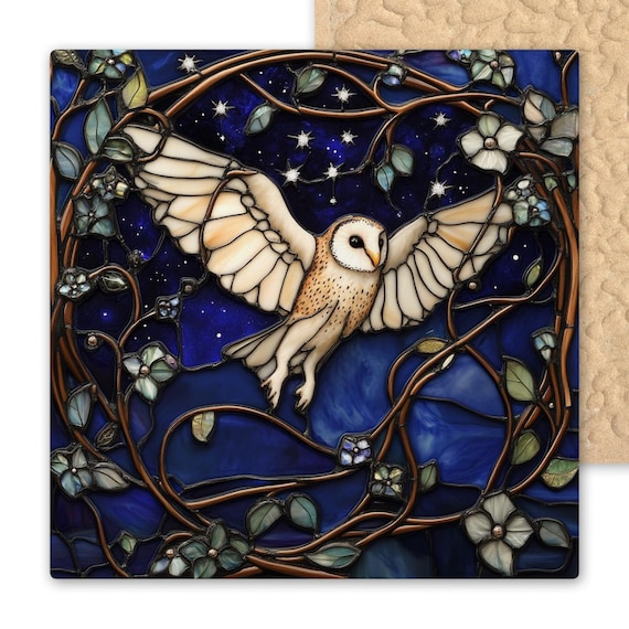 Handcrafted Barn Owl Ceramic Tile: Art Nouveau Stained Glass Wall Decor for Cottagecore Homes