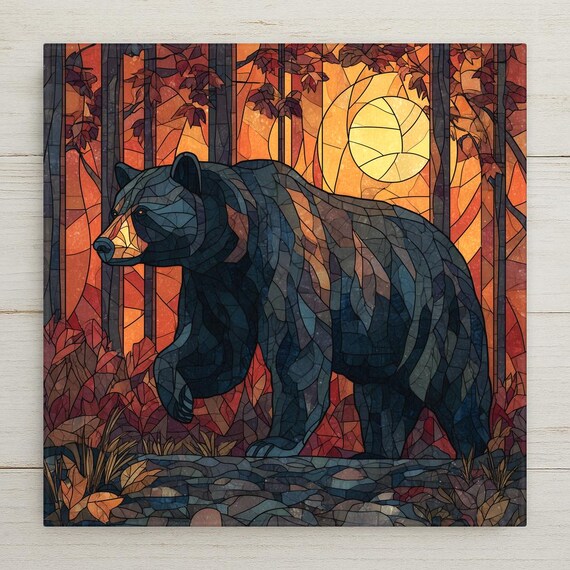 Bear Ceramic Tile Wall Art – Stained Glass Style Wildlife Decor, Forest Home Decor, Sunset Nature Tile Artwork, Rustic Cabin Wall Decor Gift