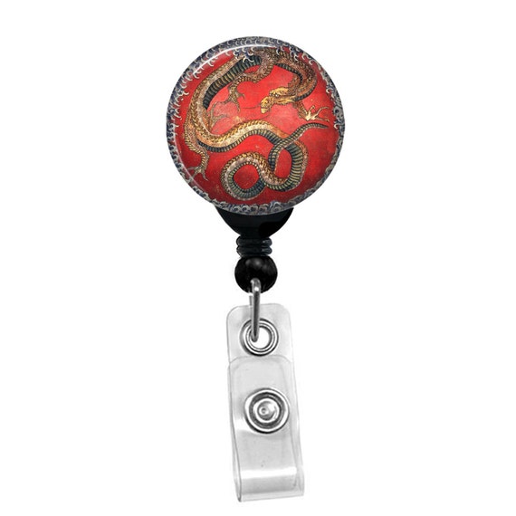 Hokusai Dragon Badge Reel – Red Background Badge Holder – Japanese Art ID Clip – Retractable Badge Reel – Dragon ID Holder for Work
