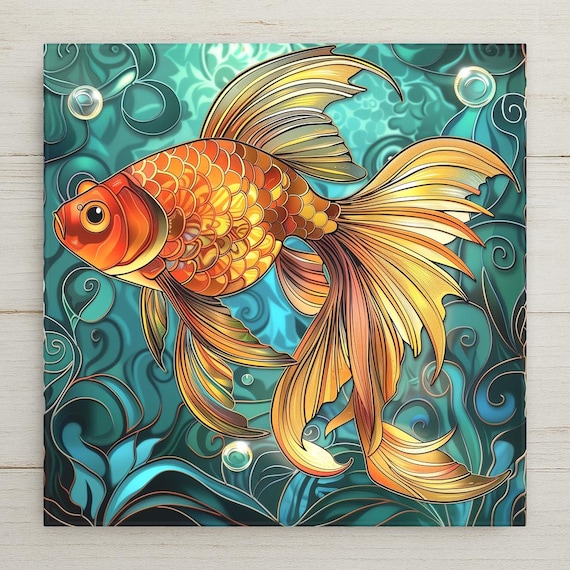 Hand-Painted Goldfish Ceramic Wall Tile - Boho Aquatic Bathroom Decor - Fish Scale Art Home Accent