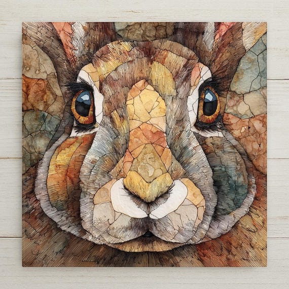 Art Nouveau Rabbit Ceramic Tile Woodland Animal Wall Art Stained Glass Nature Inspired Home Decor Rustic Cottage Accent Decorative Tile