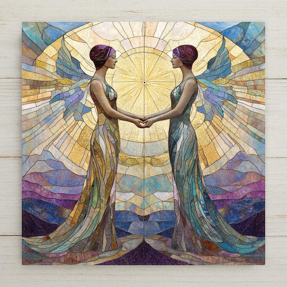 Gemini Zodiac Ceramic Tile: Stained Glass Style Astrology Art