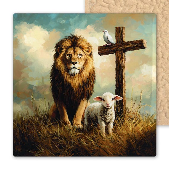Peaceful Lion and Lamb Ceramic Tile: Christian Wall Art with Dove, Cross, and Inspirational Scripture