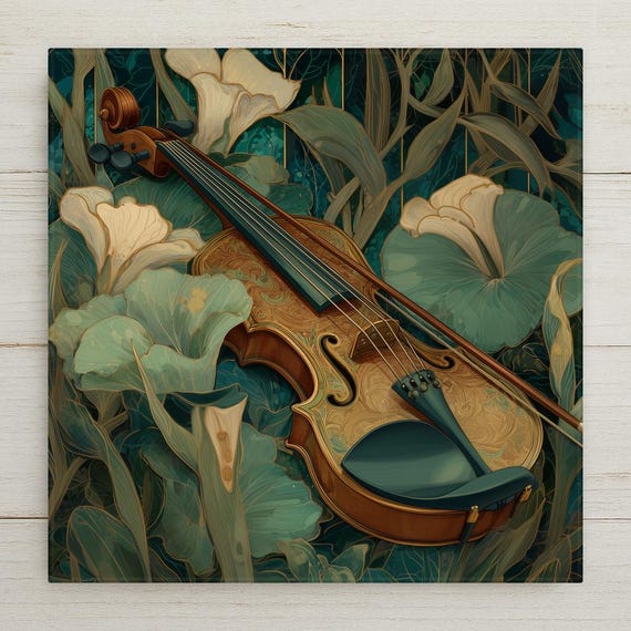 Violin Floral Ceramic Tile Wall Art - Stained Glass Style Music Room Decor for Violinists & Cottagecore Lovers