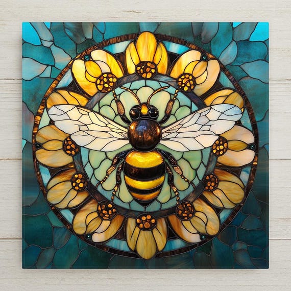 Stained Glass Bee Mandala Ceramic Tile - Sacred Geometry Wall Art for Garden & Cottagecore Decor