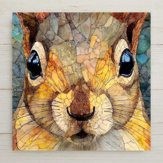 Squirrel Ceramic Tile Wall Art – Stained Glass Wildlife Portrait, Woodland Animal Home Decor, Nature Inspired Wall Art Gift