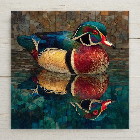 Wood Duck Wall Art Ceramic Tile Stained Glass Style Birdwatcher Gift Wildlife Nature Waterfowl Decor