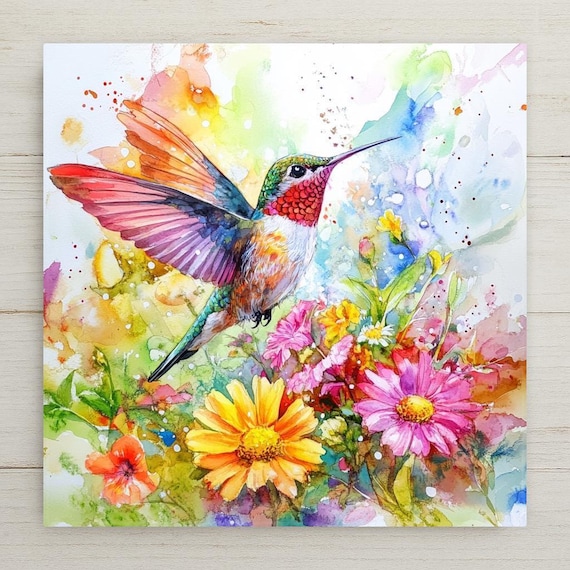 Vibrant Watercolor Hummingbird Ceramic Tile: Nature-Inspired Wall Art for Home Decor