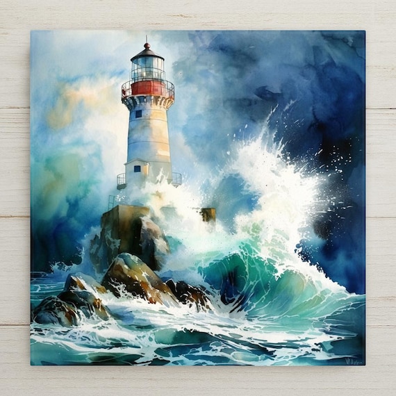 Lighthouse Wall Art Ceramic Tile – Ocean Wave Coastal Decor – Nautical Beach House Home Decor – Dramatic Seascape