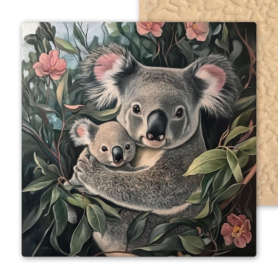 Audubon-Inspired Koala Ceramic Tile Art: Mother and Baby in Floral Woodland Scene Wall Decor