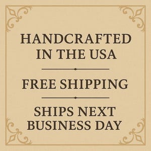 The image is a sign advertising a product, specifically a handmade item, that is free shipping and will be available for business the next day.