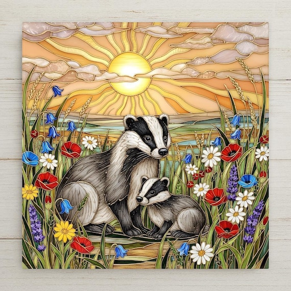 Badger Wall Art Ceramic Tile Woodland Wildlife Home Decor Stained Glass Style Meadow Scene – Rustic Wall Decor – Nature Inspired Home Decor