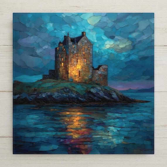 Scottish Coastal Castle Ceramic Tile Wall Art - Stained Glass Style Night Seascape Historic Island Fortress Home Decor