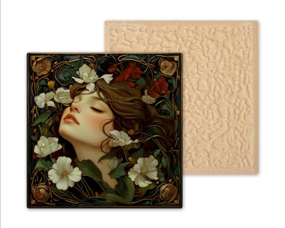 Art Nouveau Floral Ceramic Tile: Mucha-Inspired Boho Wall Decor, Romantic Cottagecore Gift, Vintage Design