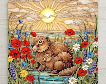 Azulejos de cerámica con diseño de castor para pared – Arte de vida silvestre del bosque – Decoración rústica de cabañas, casas en el lago, decoración natural para el hogar