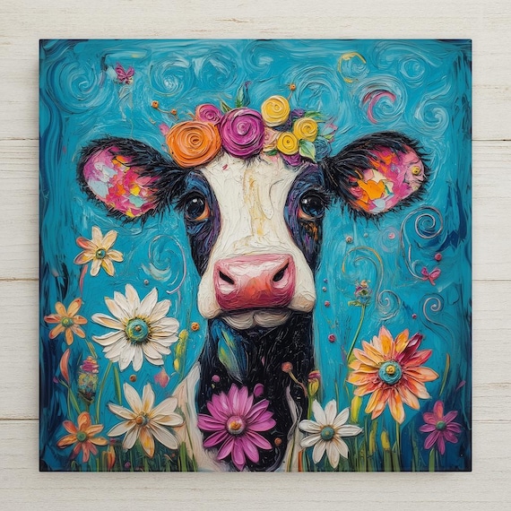 Floral Cow Ceramic Tile Art: Whimsical Farmhouse Decor