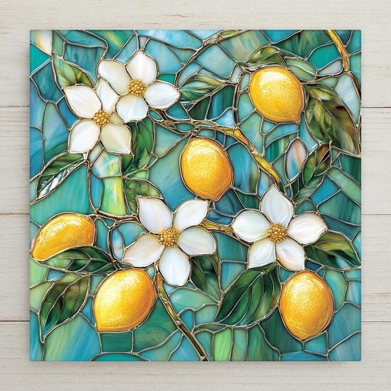 Art Nouveau Lemon Blossom Tile: Teal & Gold Botanical Wall Decor