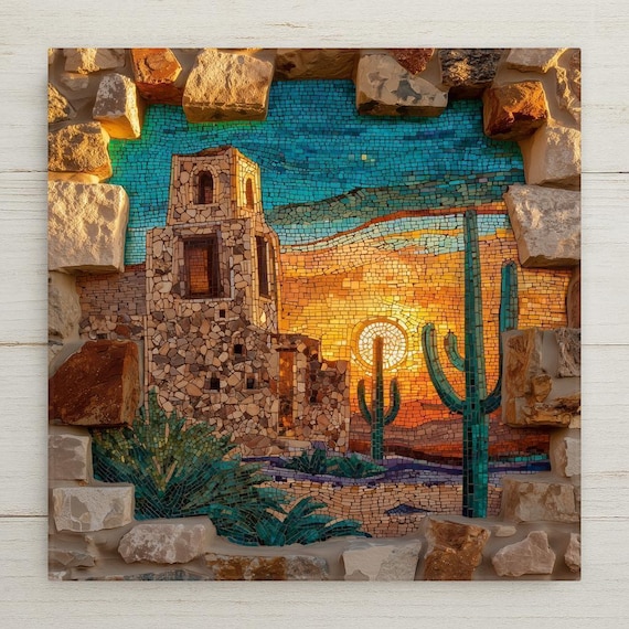 Texas Mission Ruins Ceramic Tile Art - Stained Glass Southwest Wall Decor Desert Sunset Cactus Western Home Accent