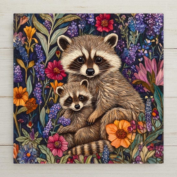 Art Nouveau Raccoon Ceramic Tile: Whimsical Woodland Wall Decor