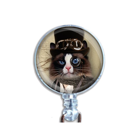 Steampunk Cat Badge Reel – Retractable ID Holder with Black Hat Goggles and Monocle, Funny Gift for Nurses, Teachers, Cat Lovers