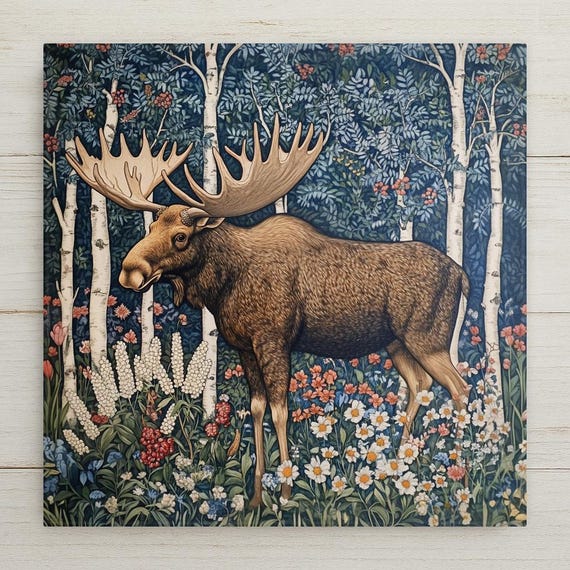 Art Nouveau Moose Ceramic Tile: William Morris Inspired Woodland Trivet, Rustic Cabin Wall Decor