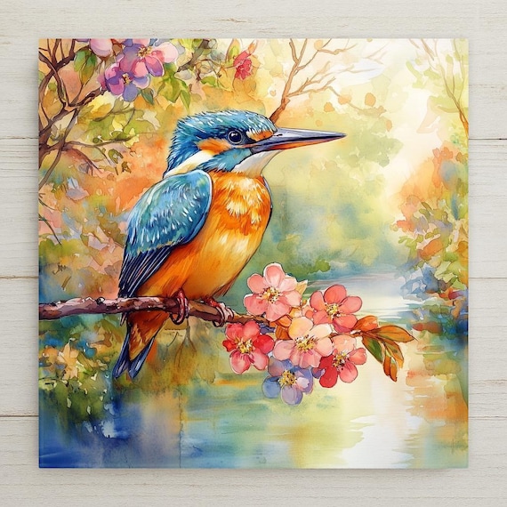 Handmade Kingfisher Ceramic Tile: Nature-Inspired Bird Wall Art for Home Decor