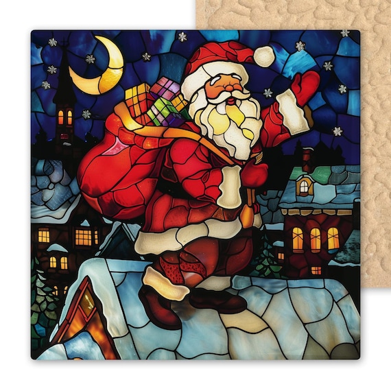 Festive Santa Rooftop Ceramic Tile - Stained Glass Style Christmas Eve Art for Holiday Decor