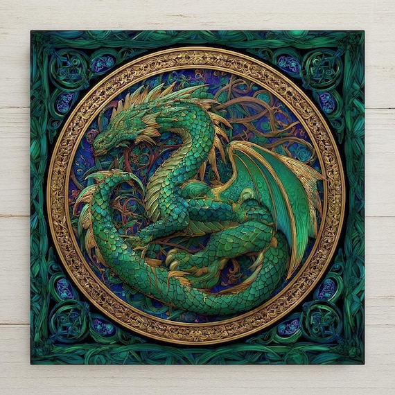Celtic Dragon Ceramic Tile Wall Art - Stained Glass Fantasy Knotwork Design, Mythical Home Decor Gift