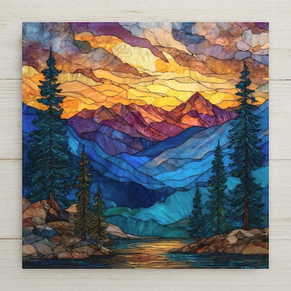 Rocky Mountains Ceramic Tile Wall Art – Stained Glass Style Mountain Landscape, Alpine Forest Home Decor, Nature Inspired Art Tile