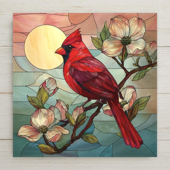 Cardinal Bird Ceramic Tile Wall Art - Stained Glass Style with Dogwood Flowers, Symbolic Nature Home Decor Gift