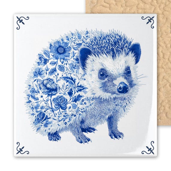 Delft Blue Hedgehog Ceramic Tile: Whimsical Dutch Floral Design for Cottagecore Wall Decor