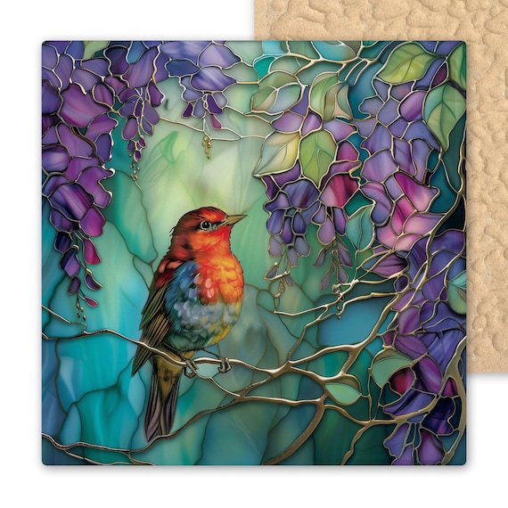 Red Robin Ceramic Tile Art – Stained Glass Style Wall Decor with Wisteria and Songbird for Garden and Nature Lovers